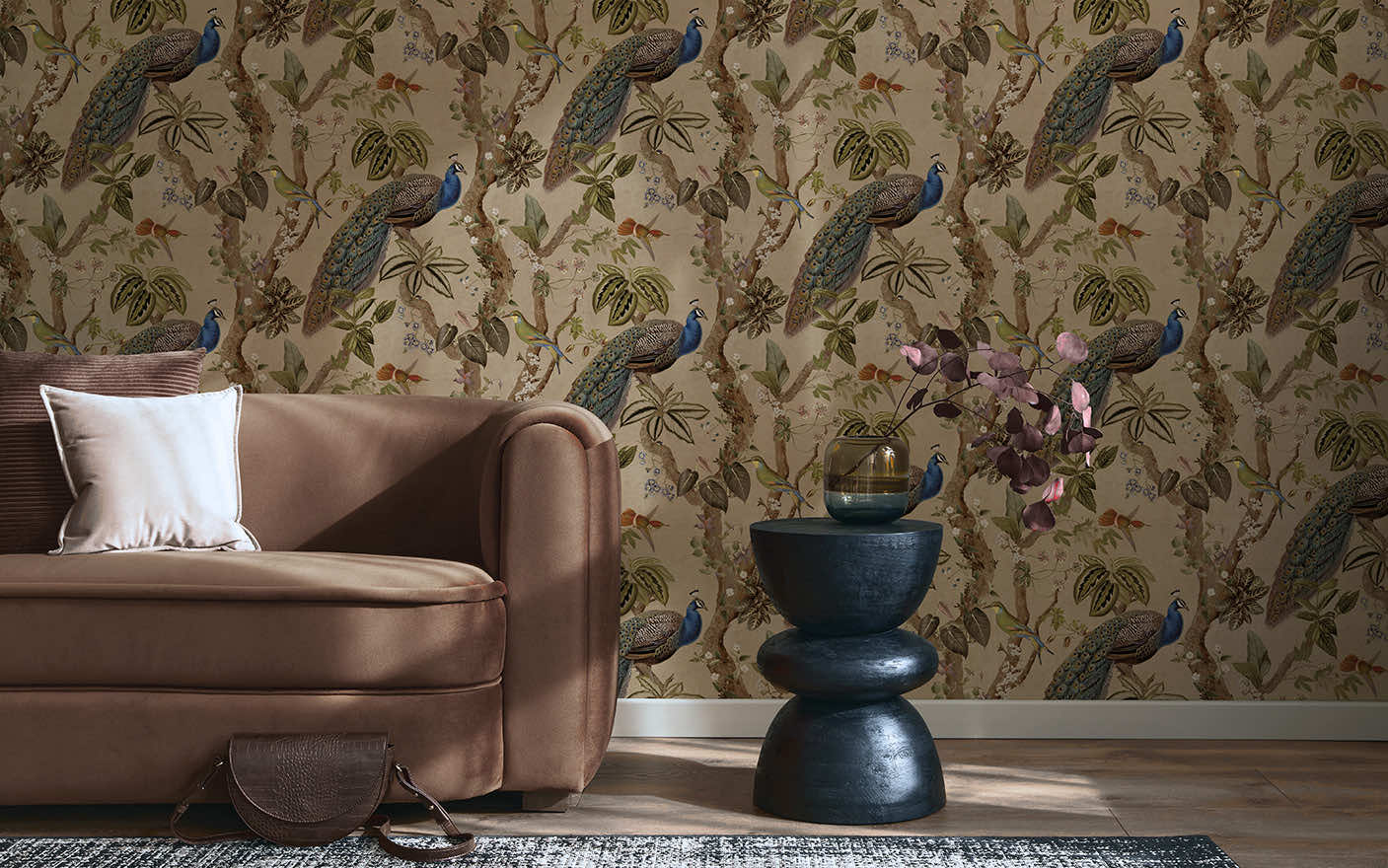 Cassia - Exotic Peacock Wallpaper - Taupe