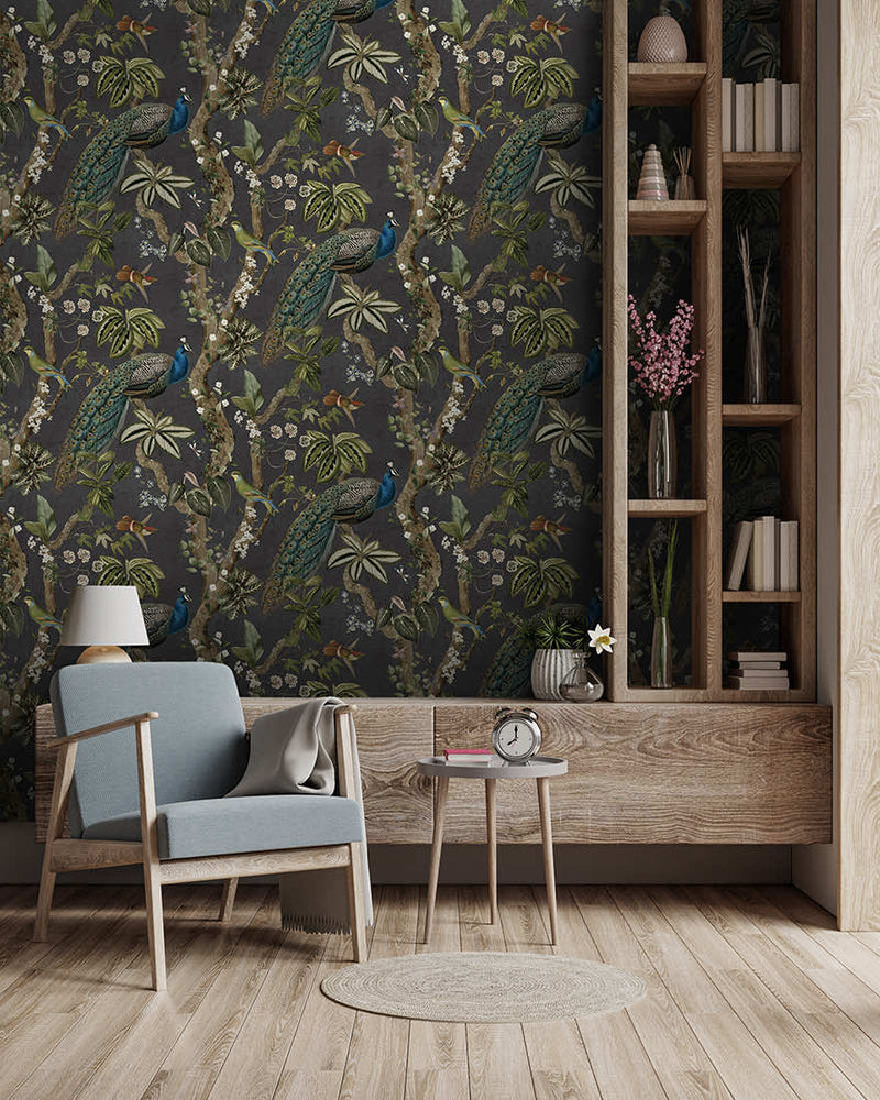 Cassia - Exotic Peacock Wallpaper - Charcoal