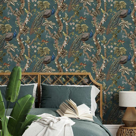 Cassia - Exotic Peacock Wallpaper - Aqua