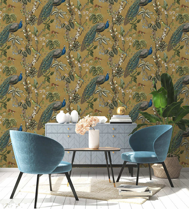 Cassia - Exotic Peacock Wallpaper - Ochre