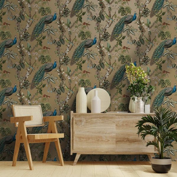 Cassia - Exotic Peacock Wallpaper - Gold