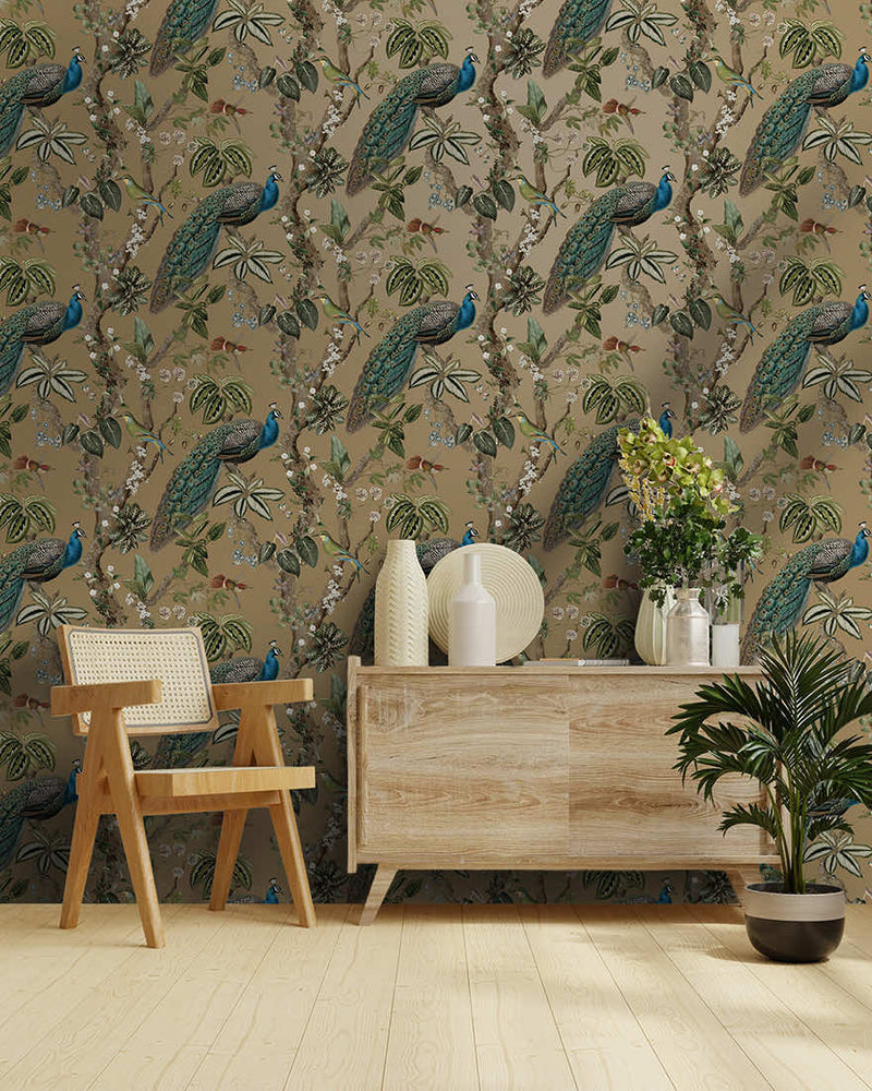 Cassia - Exotic Peacock Wallpaper - Taupe