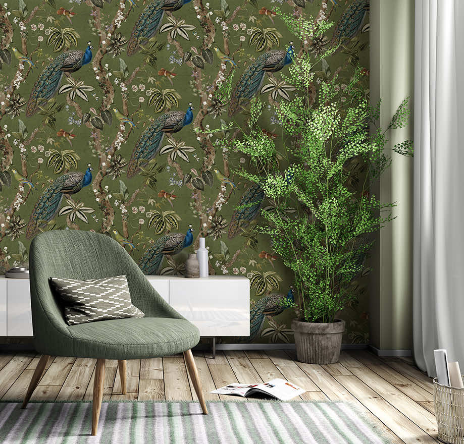 Cassia - Exotic Peacock Wallpaper - Green