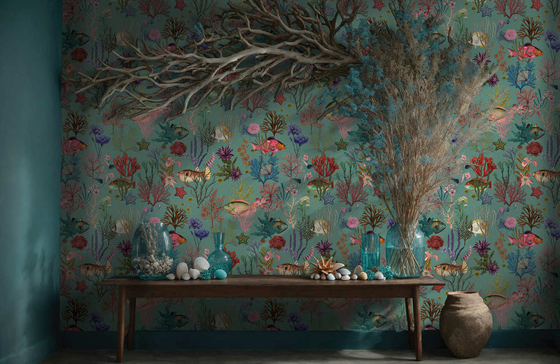 Cora - Fish and Coral Wallpaper - Soft Aqua