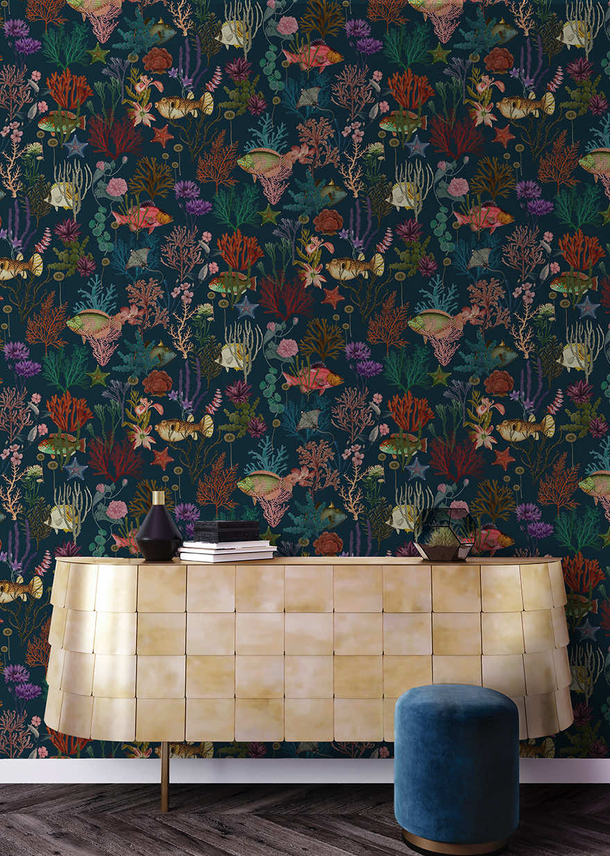 Cora - Fish and Coral Wallpaper - Navy
