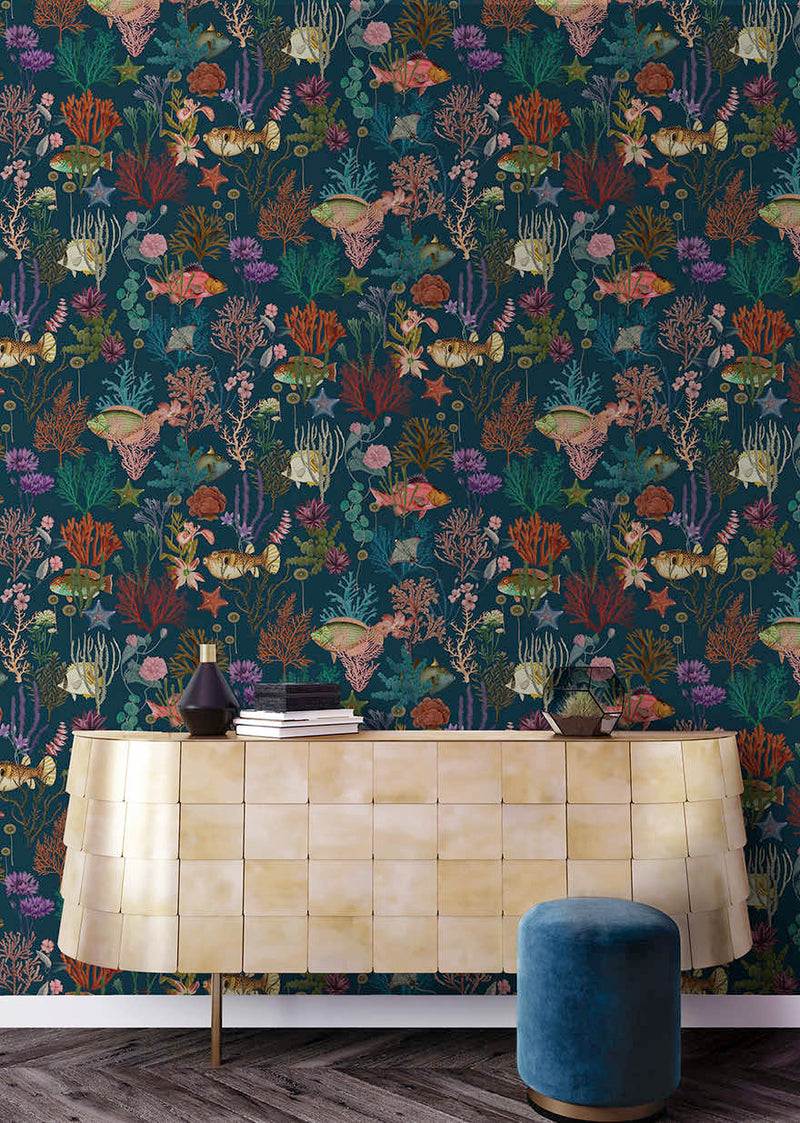 Cora - Fish and Coral Wallpaper - Navy