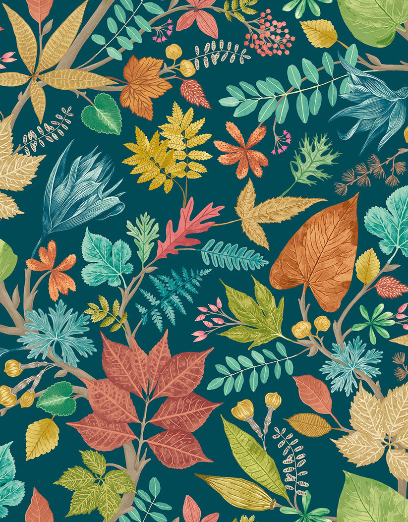 Lush Leaves Wallpaper - Ohpopsi - Teal and Corn