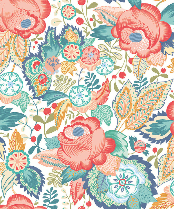 Sample - Emily Rose Wallpaper - Petrol & Coral