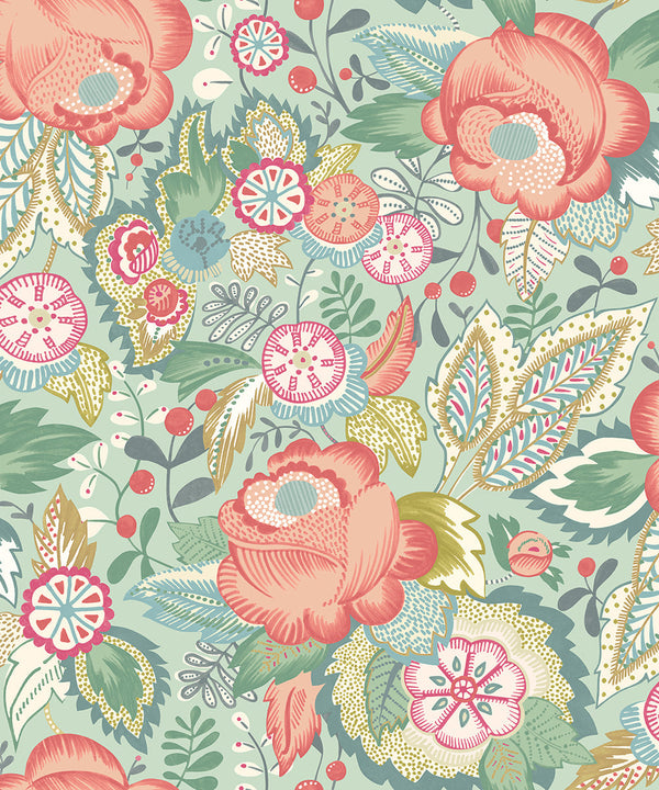 Sample - Emily Rose Wallpaper - Mint & Peach