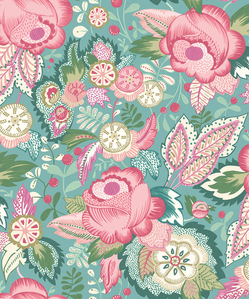 Emily Rose Wallpaper - Rose & Seafoam
