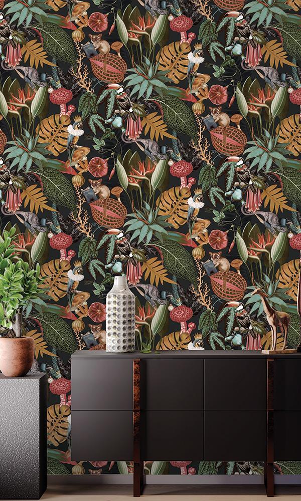 Reverie - Funky Jungle Wallpaper - Charcoal/Black