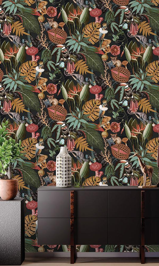 Reverie - Funky Jungle Wallpaper - Charcoal/Black