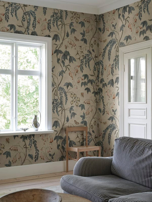Ottilia Artistic Botanical Mural Wallpaper - Misty Blue