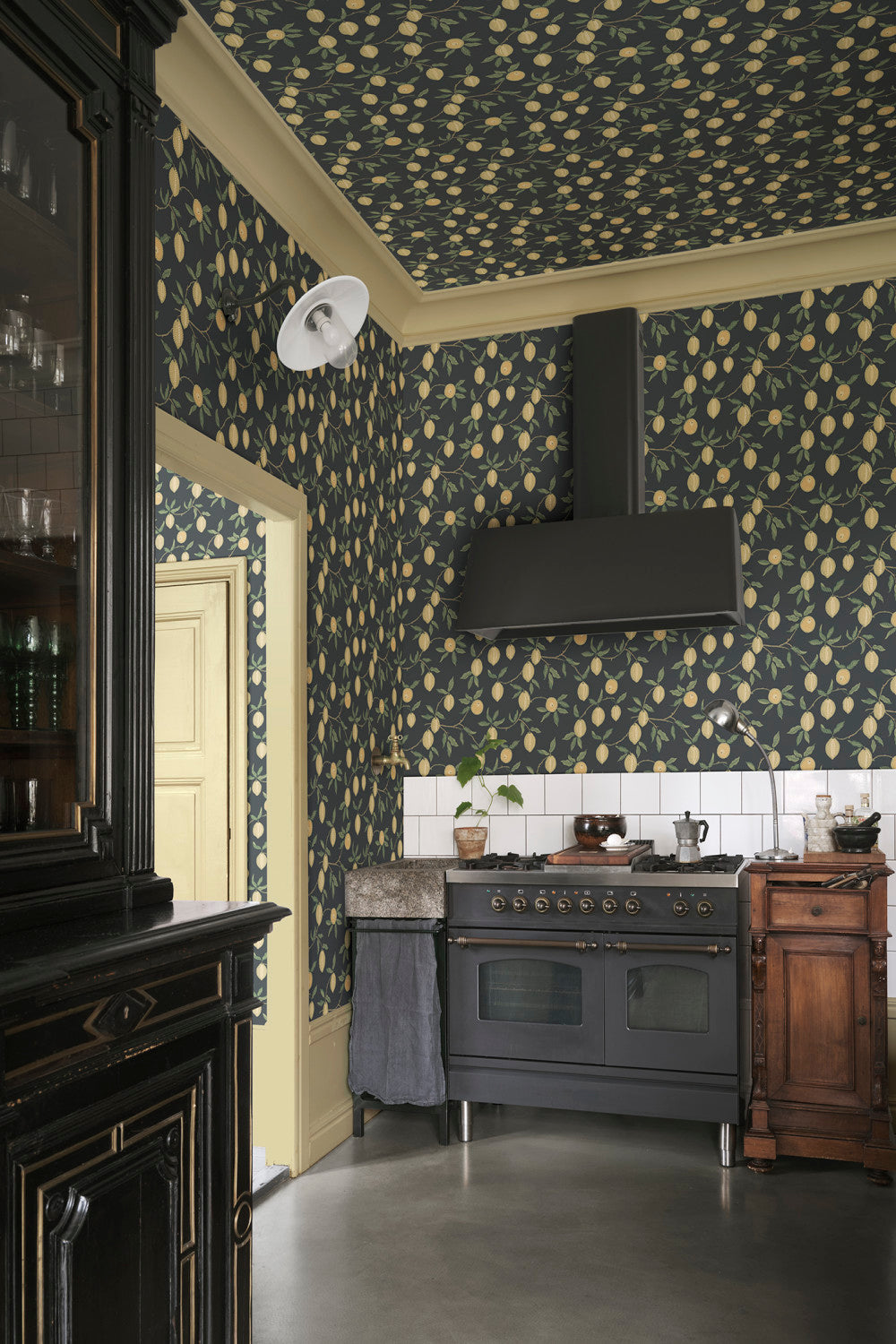 Limone wallpaper in Charcoal in a room setting