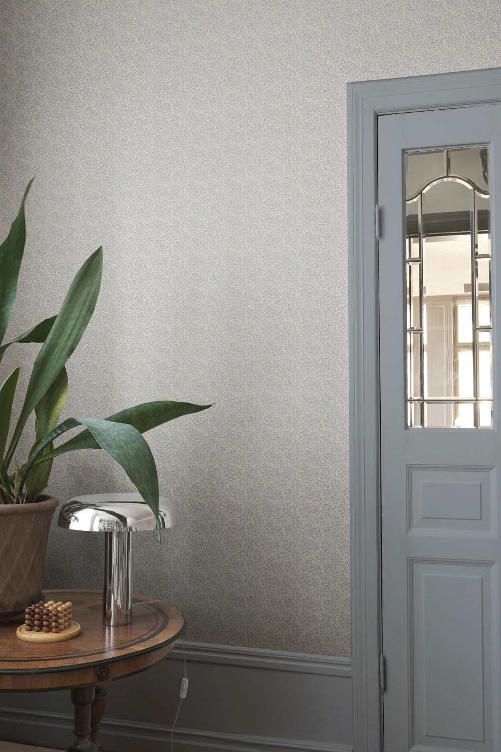 Coral wallpaper in Light Blue in a room setting