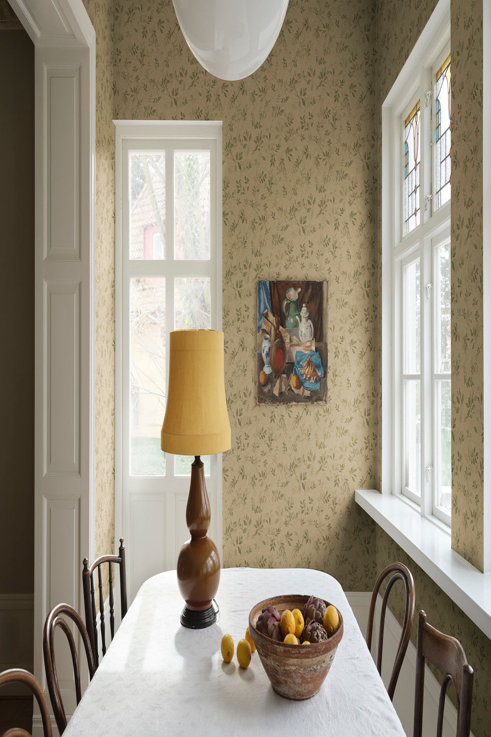 Mila wallpaper in Olive Green in a room setting