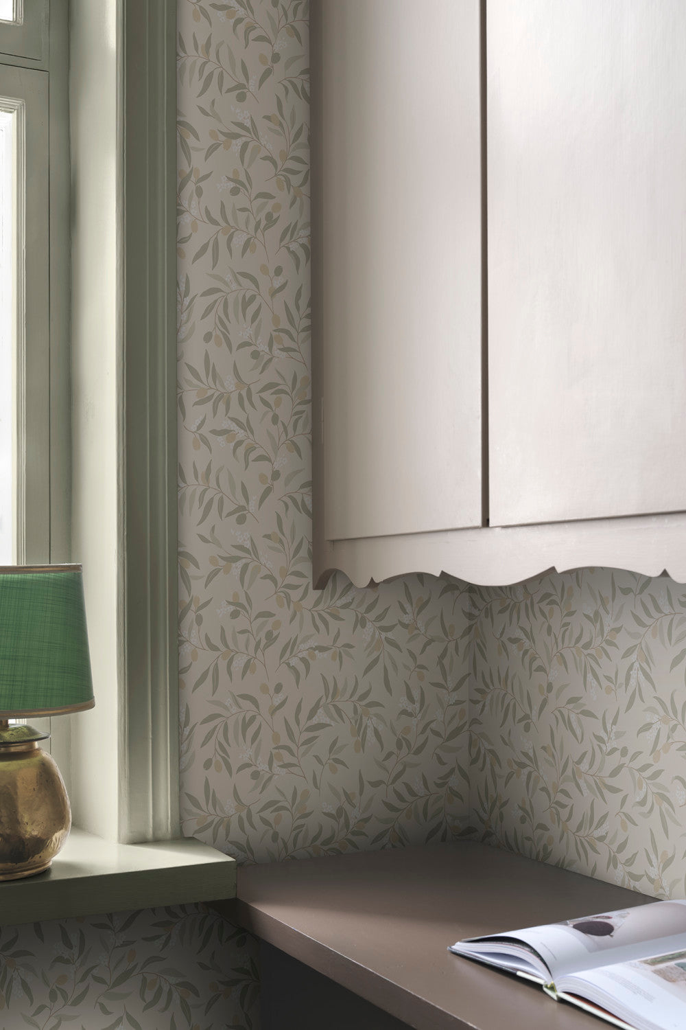 Olivia wallpaper in Sage Green in a room setting