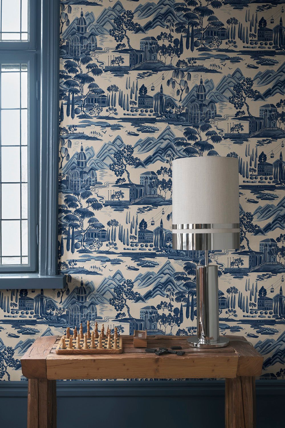 Lake Como wallpaper in Blue in a room setting