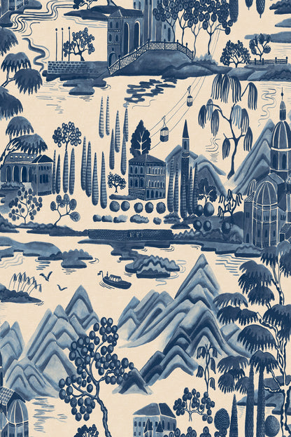 Lake Como wallpaper in Blue, flat pattern