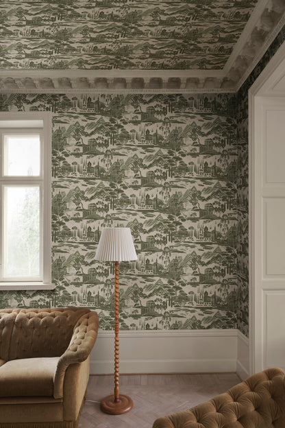 Lake Como wallpaper in Forest Green in a room setting