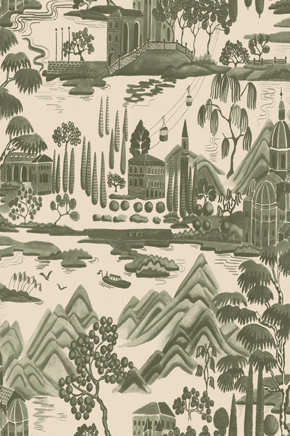 Lake Como wallpaper in Forest Green, flat pattern