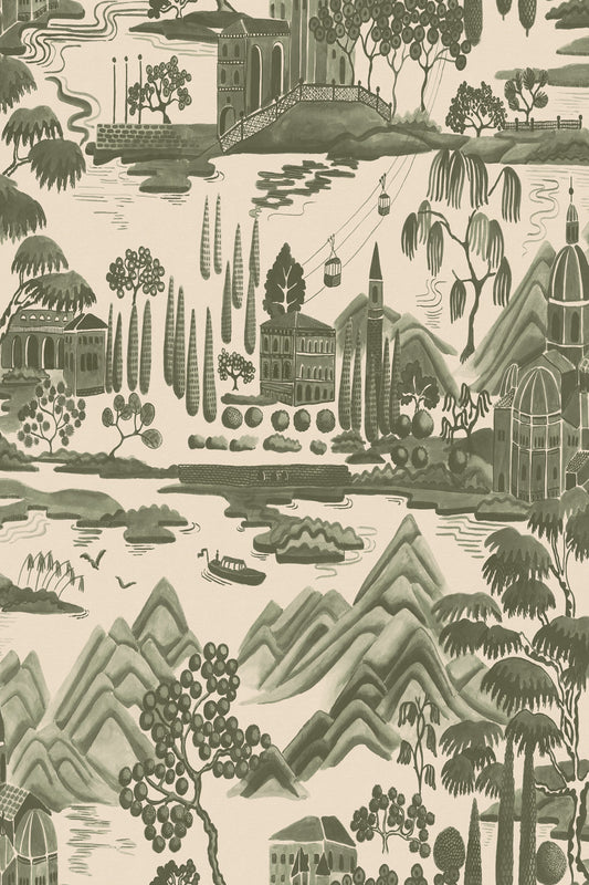 Lake Como wallpaper in Forest Green, flat pattern