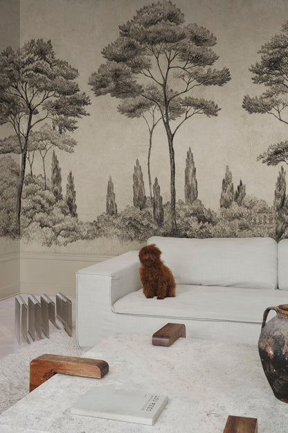Andrea, Graphite wallpaper mural in a room setting