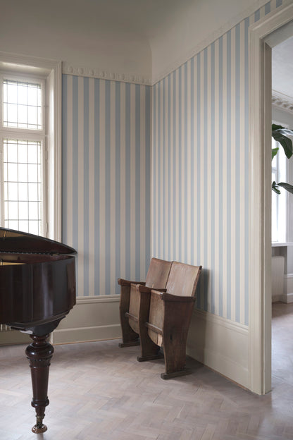 Sam Narrow Striped wallpaper in Light Blue in a room setting