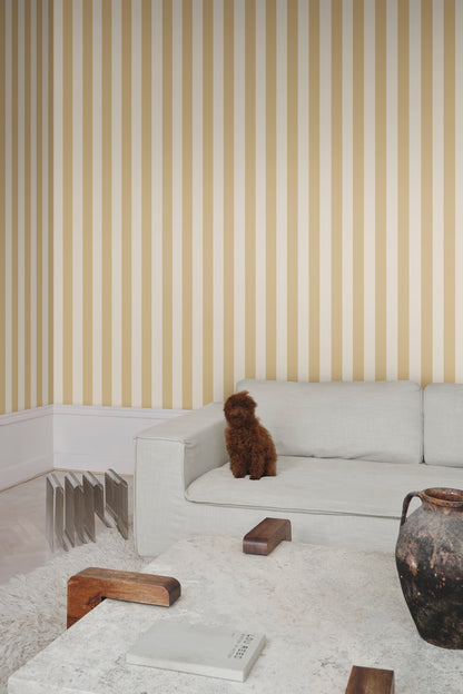 Sam Narrow Striped wallpaper in Honey in a room setting