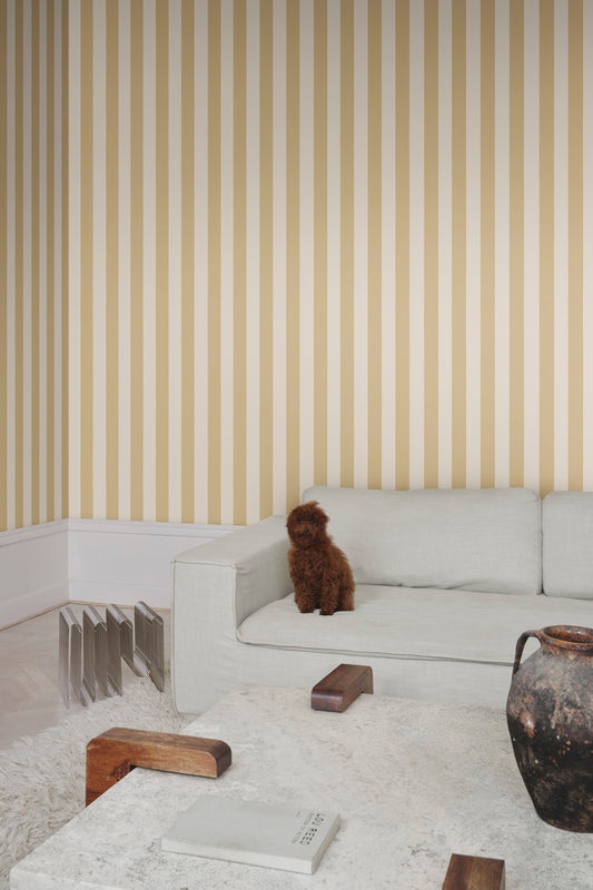Sam Narrow Striped wallpaper in Honey in a room setting