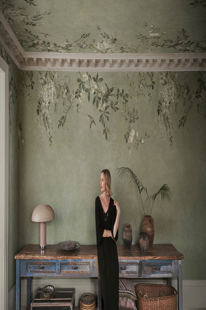 Nico mural in Sage Green in a room setting