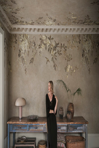 Luca Square mural in Beige in a room setting