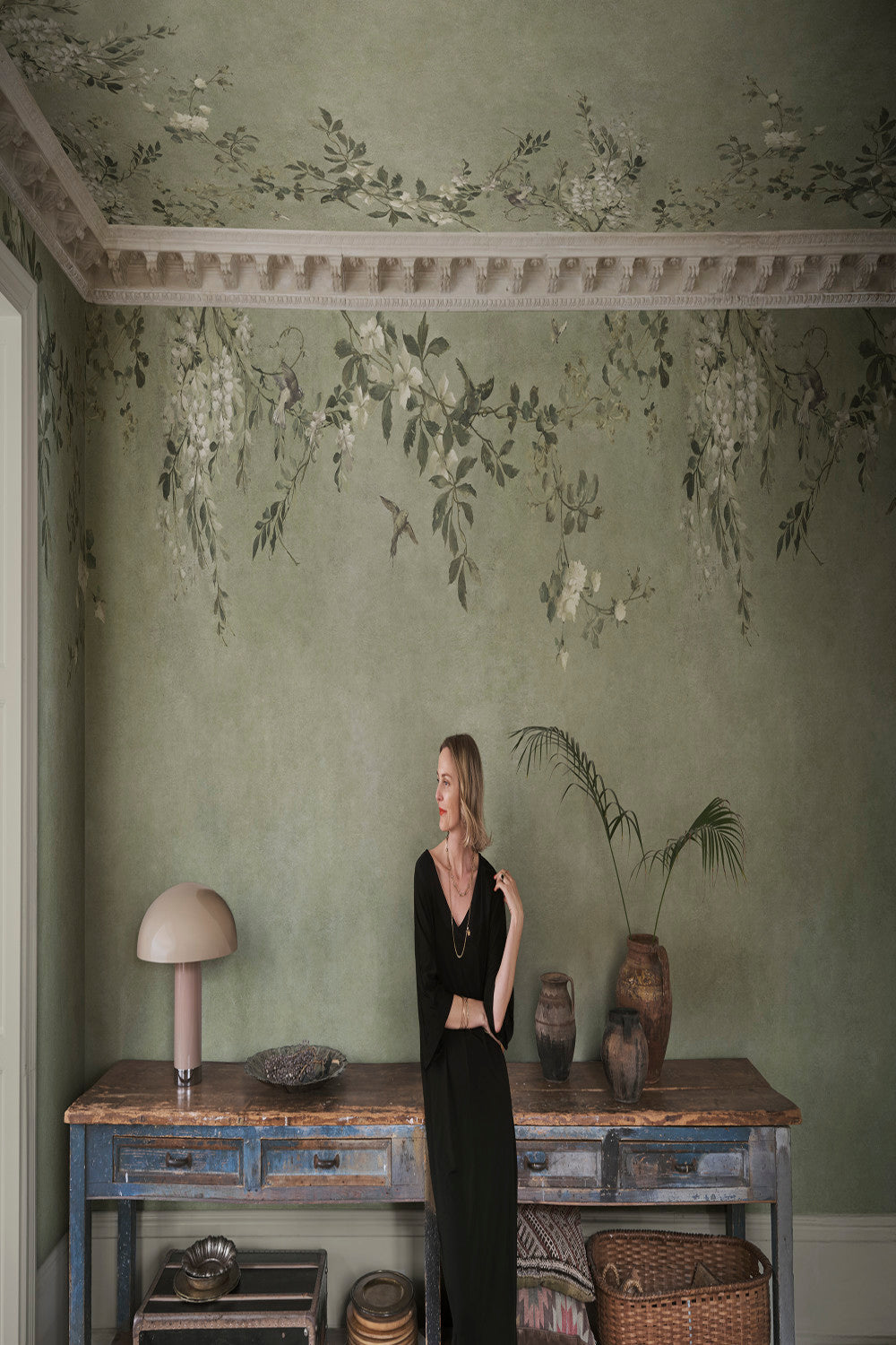 Luca Rectangle mural in Sage Green in a room setting