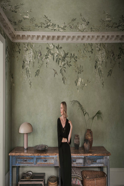 Luca Rectangle mural in Sage Green in a room setting