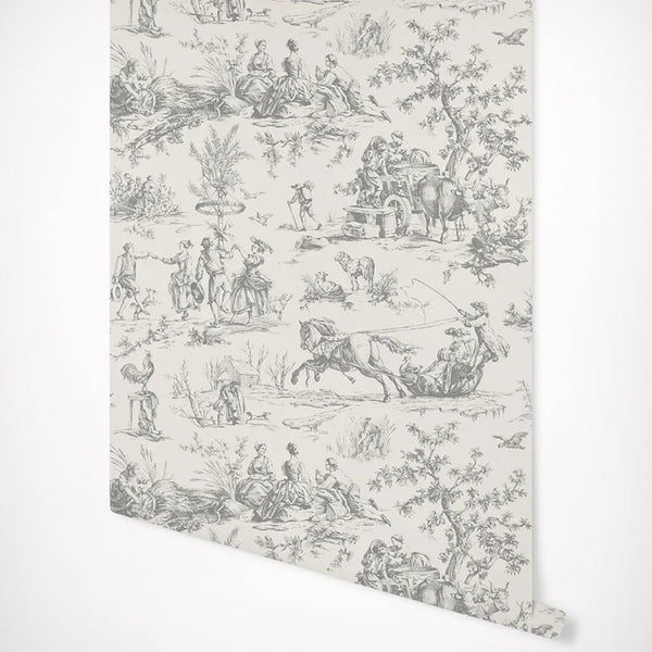 Sample - Vintage Toile Wallpaper - Grey/White