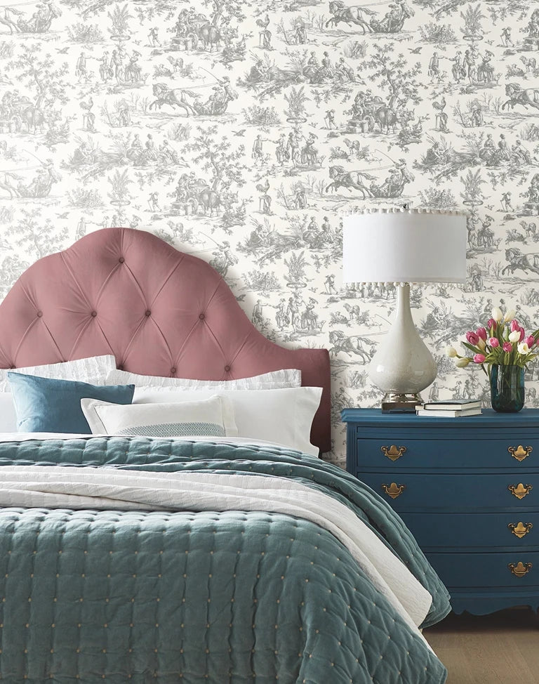Vintage Toile Wallpaper - Grey/White