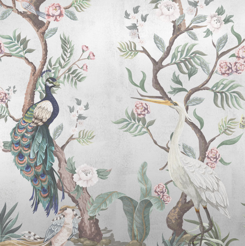 Sample - Hirosaki Chinoiserie - Custom sized wallpaper mural (per/m2) - Silver Metallic