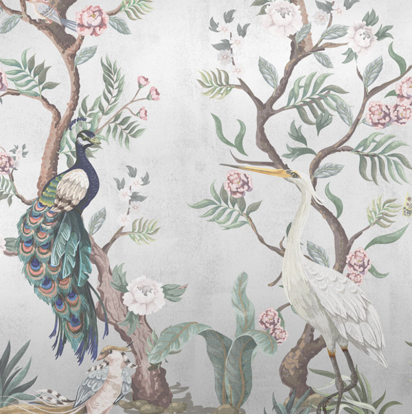 Sample - Hirosaki Chinoiserie - Custom sized wallpaper mural (per/m2) - Silver Metallic