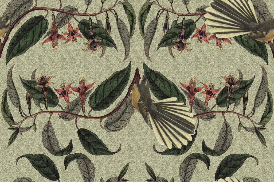 Retro Fantail NZ Inspired Wallpaper - Pale Green