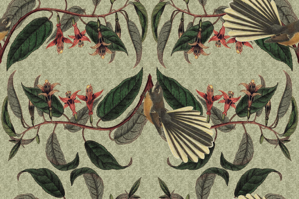 Sample - Retro Fantail NZ Inspired Wallpaper - Pale Green