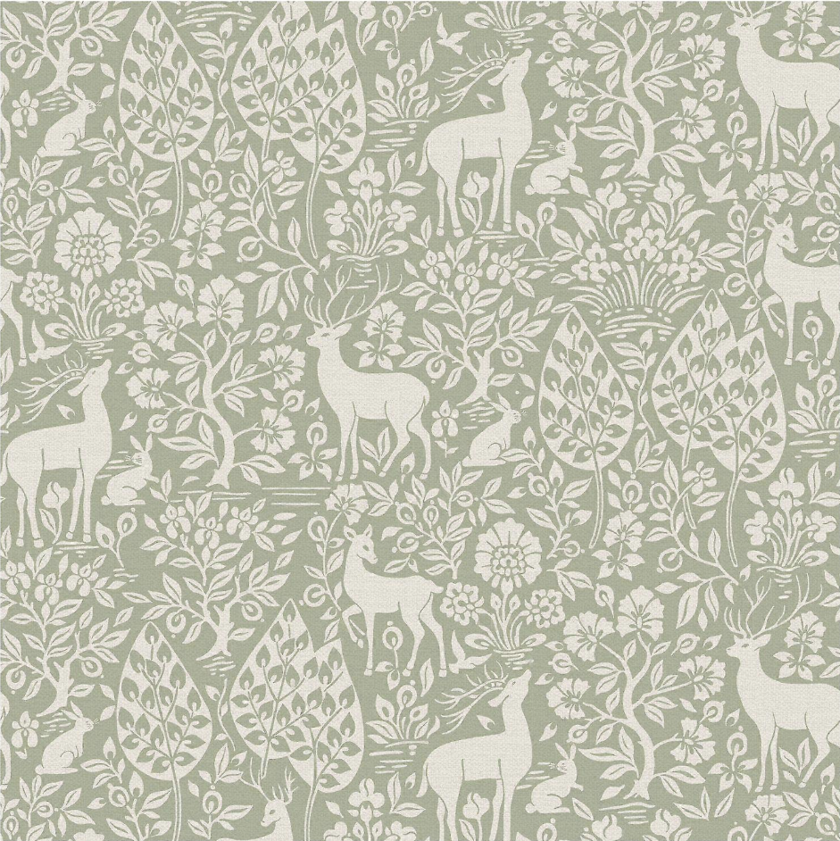 Deer Woods – Folk Forest Wallpaper – Sage