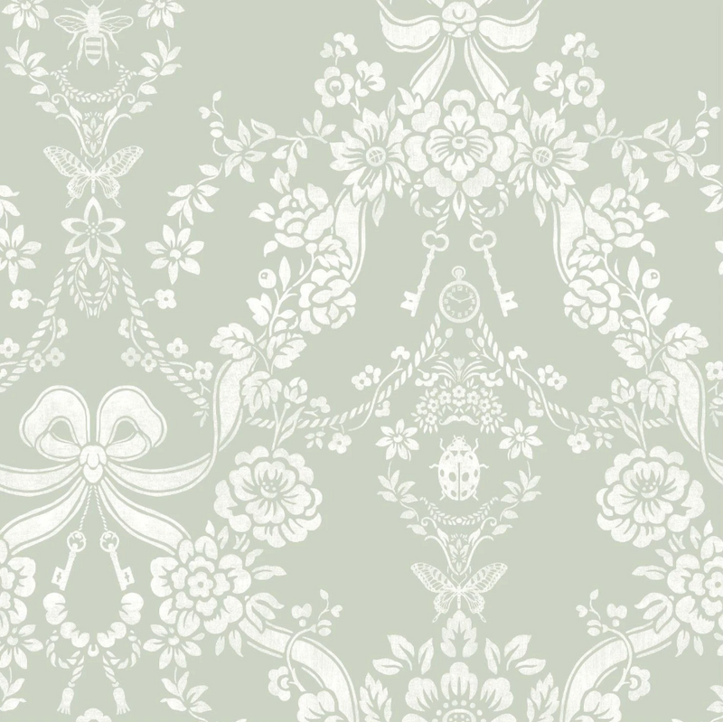 Sample - Bow Damask Wallpaper - Sage