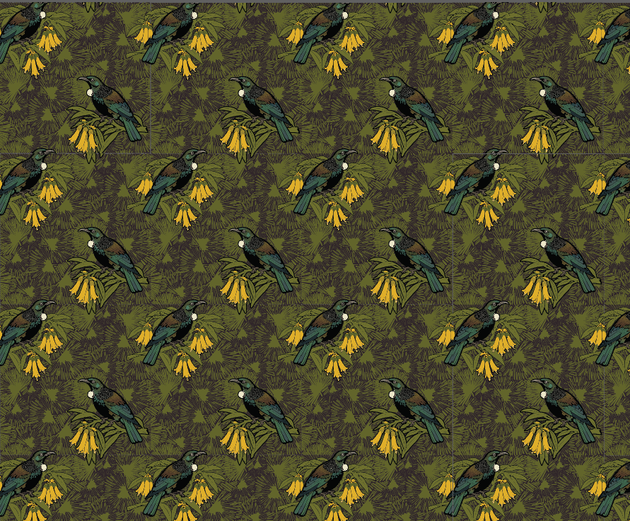 Cabbage Tui – Bird & Kowhai Wallpaper – Khaki Yellow