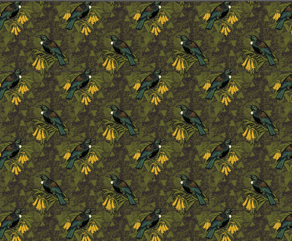 Cabbage Tui – Bird & Kowhai Wallpaper – Khaki Yellow