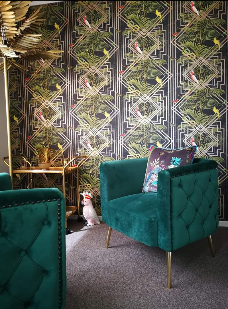 Akello - Tropical Art Deco Wallpaper - Black/Gold