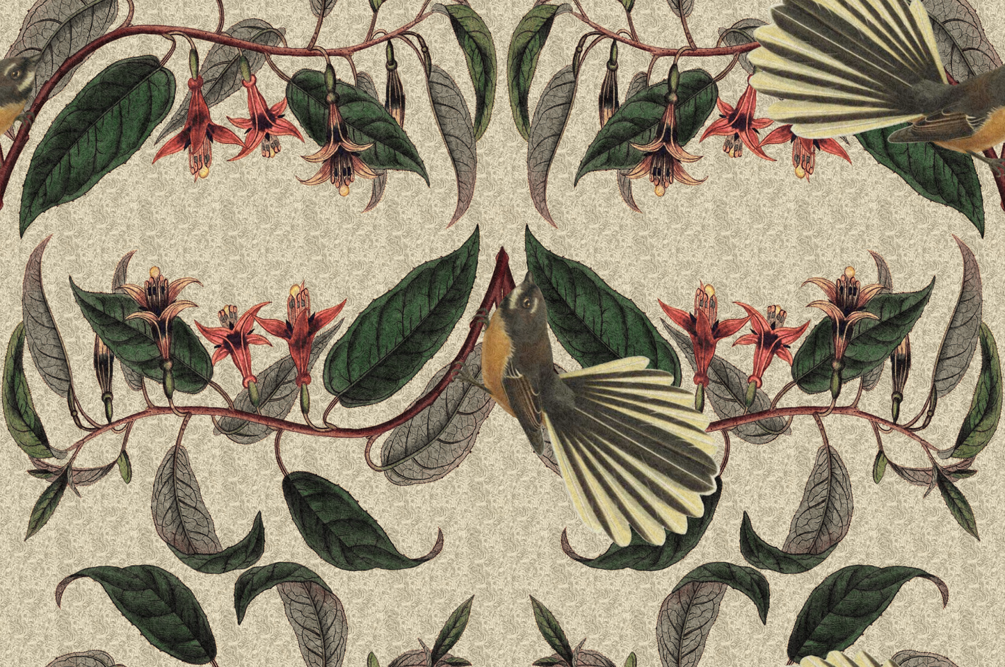 Retro Fantail NZ Inspired Wallpaper - Buff