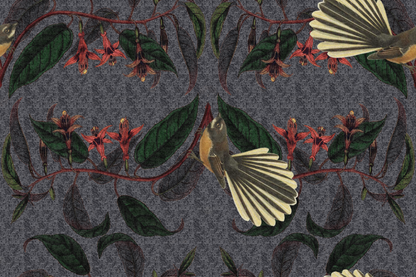 Retro Fantail NZ Inspired Wallpaper - Dark Grey
