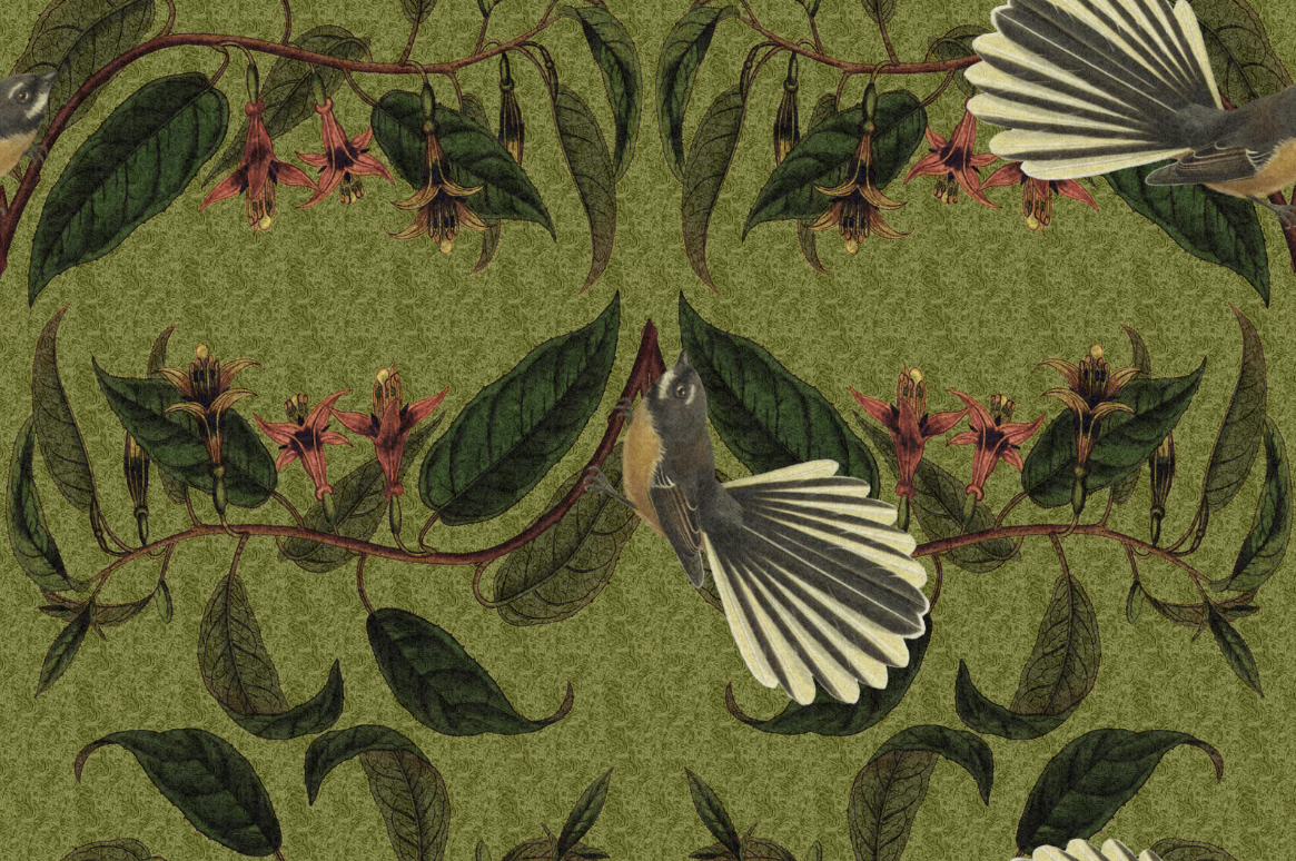 Retro Fantail NZ Inspired Wallpaper - Green