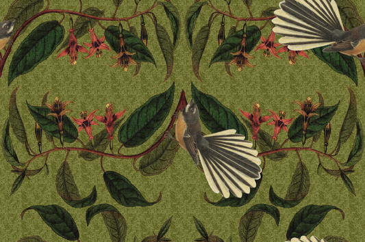 Retro Fantail NZ Inspired Wallpaper - Green