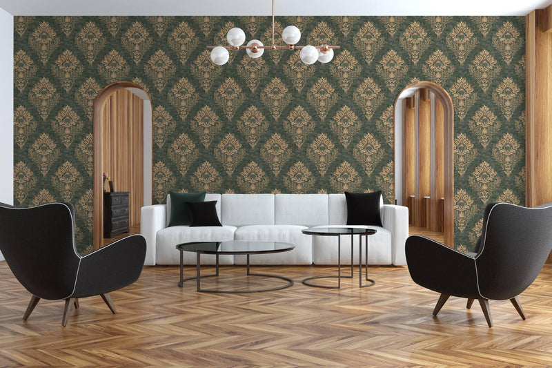 St. Petersberg Baroque Wallpaper - Green + Gold